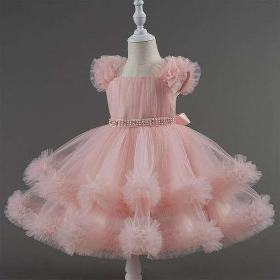 Tutu-Dresses for Little Girls 1-7 Years Layered-Tulle Toddlers Kids Formal Ruffle Sleeve A-Line Solid Birthday Evening Party Prom Dress