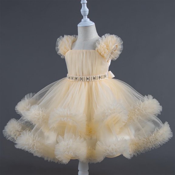 Tutu-Dresses for Little Girls 1-7 Years Layered-Tulle Toddlers Kids Formal Ruffle Sleeve A-Line Solid Birthday Evening Party Prom Dress