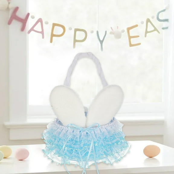 Tutu Easter Basket, Blue Shining Tulle with Fluffy Bunny Ears, Easter Theme Party Favors Stuffers Gifts for Girls, Easter Egg Hanting Decorations Party Supplies