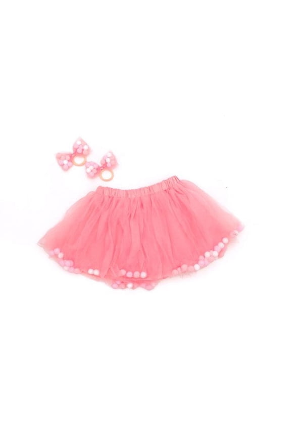 Dusty Rose Girls Pom Pom Tutu and Bow Hair Tie – 2 Pc Set - S