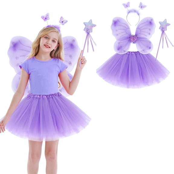 Tutu Skirt for Girls Layered Purple Tutuwith Wings and Hairband Elastic Waist Princess Ballet Dance Dress Fairy Dress 3-10 Years