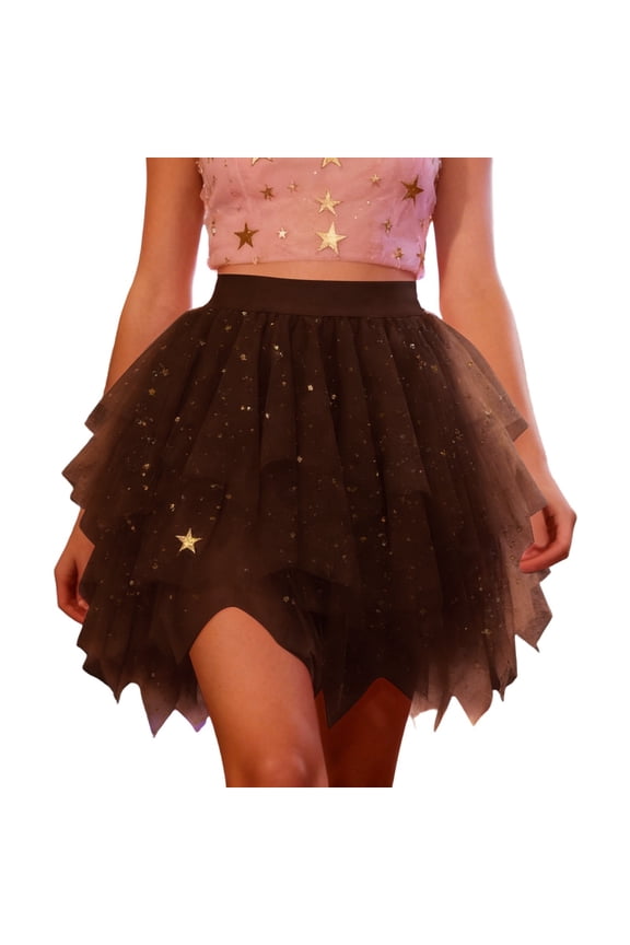Tutu Skirt for Women - Midi Length Tiered Carnival Party Skirt, Glitter A-Line Dance Skirt with Flared Hem for Evening & Festive Wear Coffee S