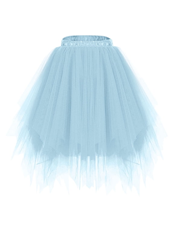 Tutu Skirts for Women Elastic High Waist Mesh Tiered Skirt Casual Summer A-line Skirts for Dance Vacation Light Blue S-L