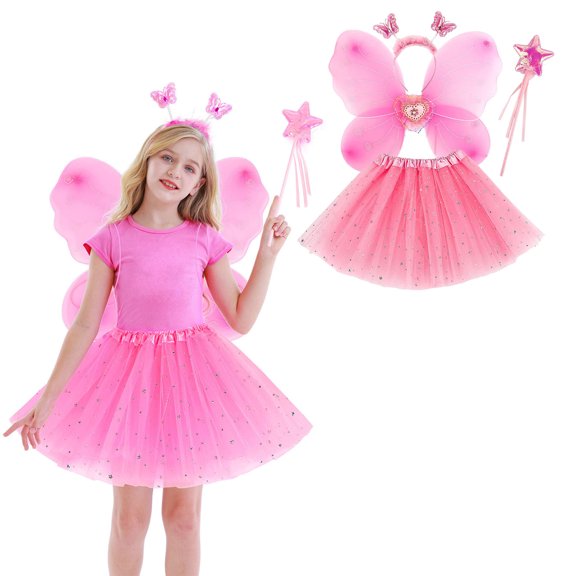 Tutu for Girls Layered Pink Tutu Sparkle Skirt with Wings and Hairband Elastic Waist Ballet Dress Thanksgiving Tutu 3-10 Years