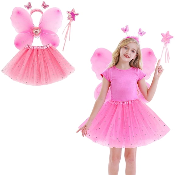 Tutu for Girls Layered Pink Tutu Sparkling Sequins Skirt with Wings and Hairband Elastic Waist Girls Ballet Tutu Skirts Birthday Dresses 3-10 Years