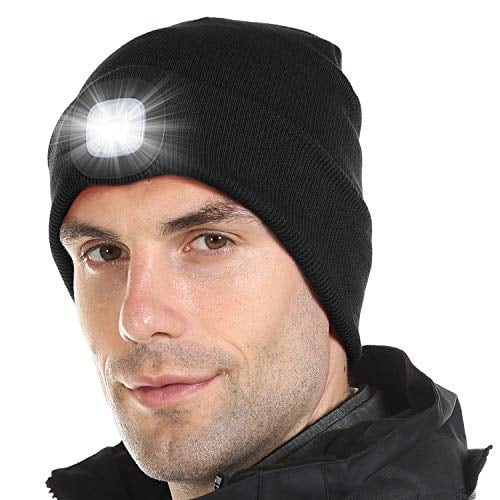 Tutuko Unisex LED Lighted Beanie Cap, USB Rechargeable Hands Free 4 LED Headlamp Cap, Warm Winter Knitted Hat with LED Flashlight for Hiking, Biking, Camping (Black)