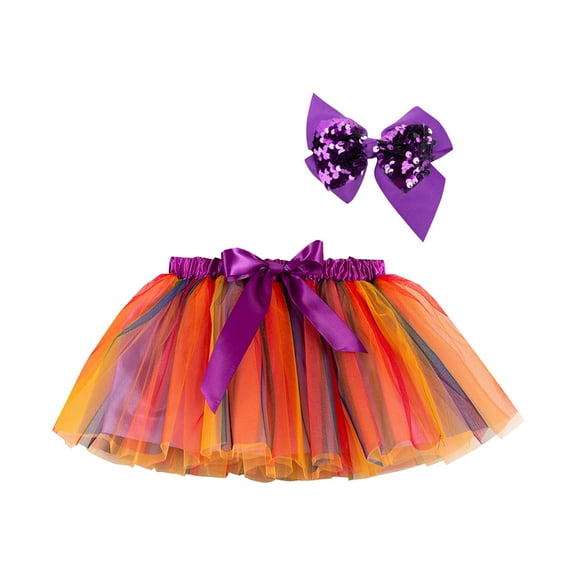 Tutus Skirt for Girls Sequin Tutus for Toddle Girls, Kids Layered Princess Sequin Skirts, Summer New Girl Mesh Puffy Ballets Tulles Skirt with Colorful Hair Bows Ruffle Skirts for Girls Purple 5-8Y