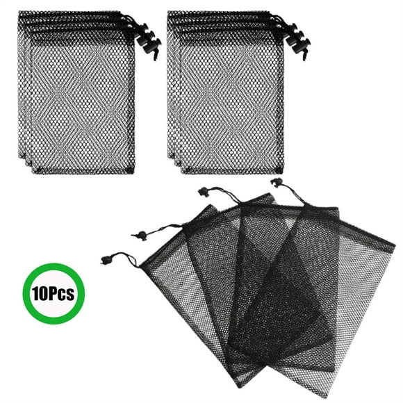 Tutuviw 10 Pcs Mesh Bag 5.9 x 7.9 Inch Mesh Storage Nylon Bags with Cord Lock for Rinsing Beach Toys, Seashell Collecting, Mesh Bags and Travel (Black)