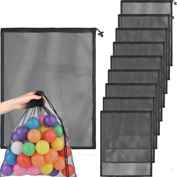 Tutuviw 10 Pcs Mesh Drawstring Bag with Cord Lock Closure 16 x 20in Durable Heavy Duty Nylon Mesh Bag Multipurpose Mesh Storage Bags for Gym Swim Gear Laundry Toys Kitchen (Black)