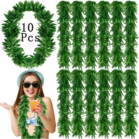 Tutuviw 10 Pcs Tropical Green Leis Fern Leaf Necklace,43 Inches Green Hawaiian Party Garland,Green Fake Hawaiian Leis Artificial Fern Garland for Summer Luau Beach Pool Party Favors Decorations