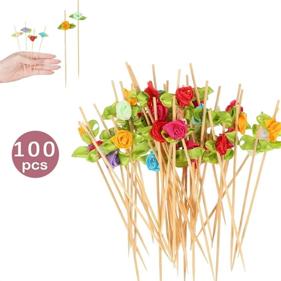 Tutuviw 100 Pcs Party Bamboo Cocktail Skewer Sticks Toothpicks, Fancy Bamboo Appetizer Sticks for Appetizers Drinks Fruits Party Food Party Holiday Birthday Party Decorations(Colorful Rose