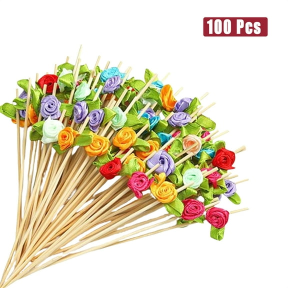 Tutuviw 100Pcs Multicolor Rose Toothpicks for Appetizers 4.7" Long Bamboo Party Toothpicks for Appetizer Bamboo Cocktail Picks Food Fruit Drinks Decorative for Wedding Valentines