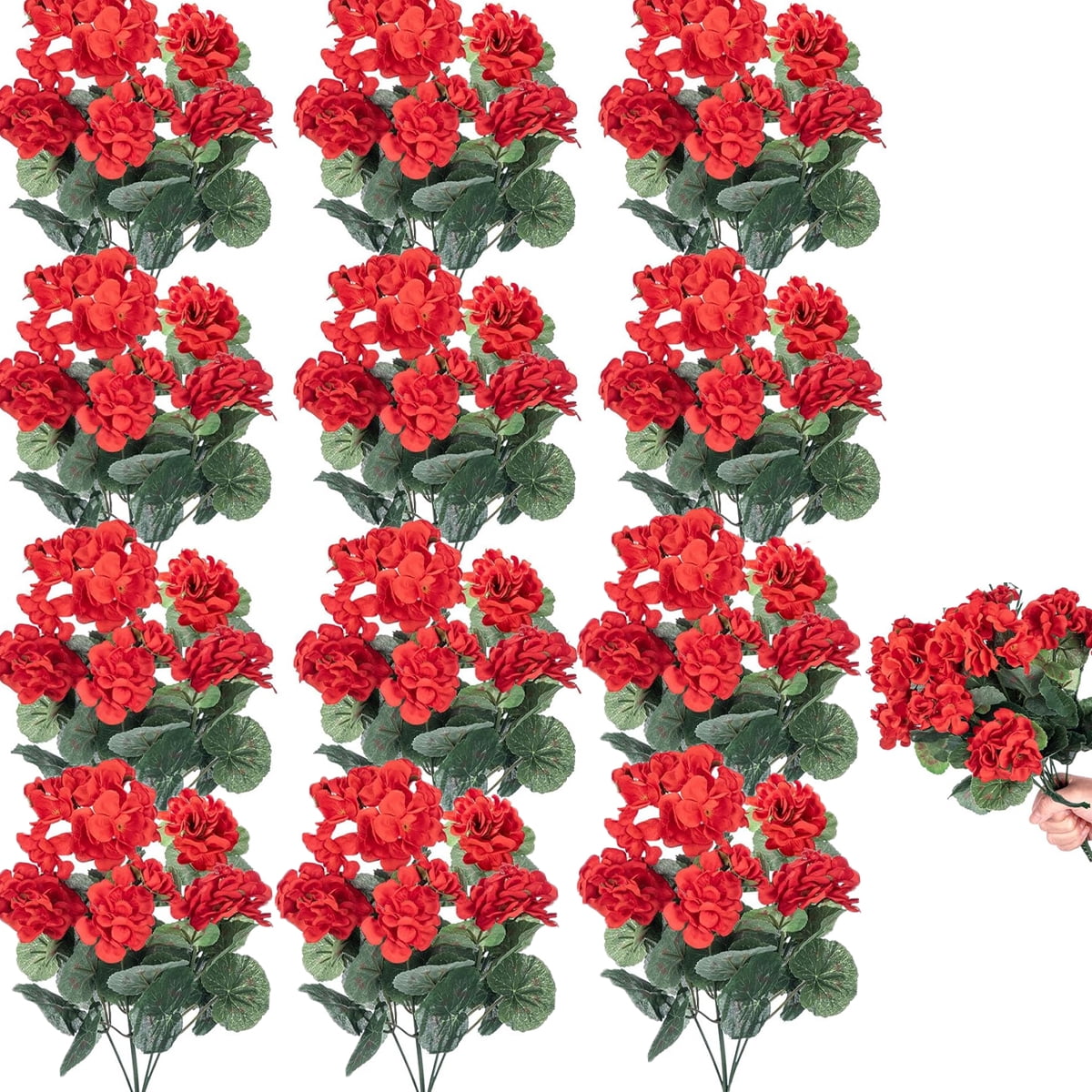 Tutuviw 12 Bunches Artificial Geranium Silk Flower Bush Red 14 in Faux Geranium Flowers Outdoor UV Resistant Garden Plants Faux Flower for Planters Front Porch Garden Fountain Window Box Decor