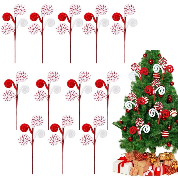 Tutuviw 12 Pcs Christmas Tree Topper Red and White Furry Christmas Tree Candy Cane Picks 14" Fur Curly Stems Christmas Tree Ornament for Xmas Tree Topper Filler Branch Wreath Decor (Candy Cane)