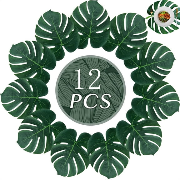 Tutuviw 12 Pcs Tropical Leaves Party Decoration Artificial Palm Leaf,13" Faux Tropical Green Leaves Table Mats,Big Leaf Placemat for Indoor Outdoor Jungle Beach Theme Table Leave Decorations