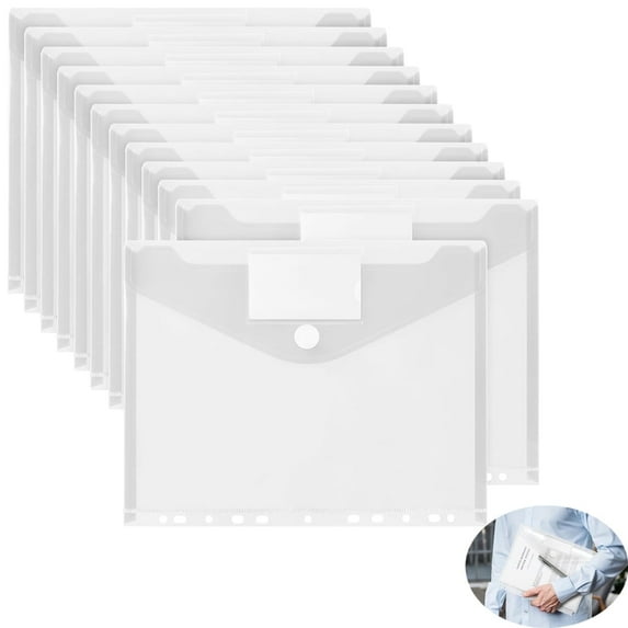 Tutuviw 12Pcs Binder Pockets for 2/3/4 Ring,11 Holes Binder Folders,Clear Document Folders,A4 Size Clear Document Envelopes,Snap Button Pouch with Label for Home Work Organization