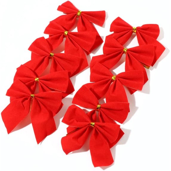 Tutuviw 12Pcs Christmas Tree Bows Mini Red Flocking Cloth Bowknot Xmas Decor Wreath Ornaments Hanging Decorations for Xmas Tree Ornaments Party