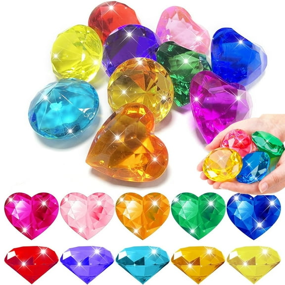 Tutuviw 12 Pcs Heart Gemstones Diamond Diving Pool Toys,1.57" Crystal Acrylic 3D Gems,Pool Gems,Acrylic Diamond Diving Jewels Pirate Treasure Chest Gemstones for Mermaid Treasure Hunt Party Favors