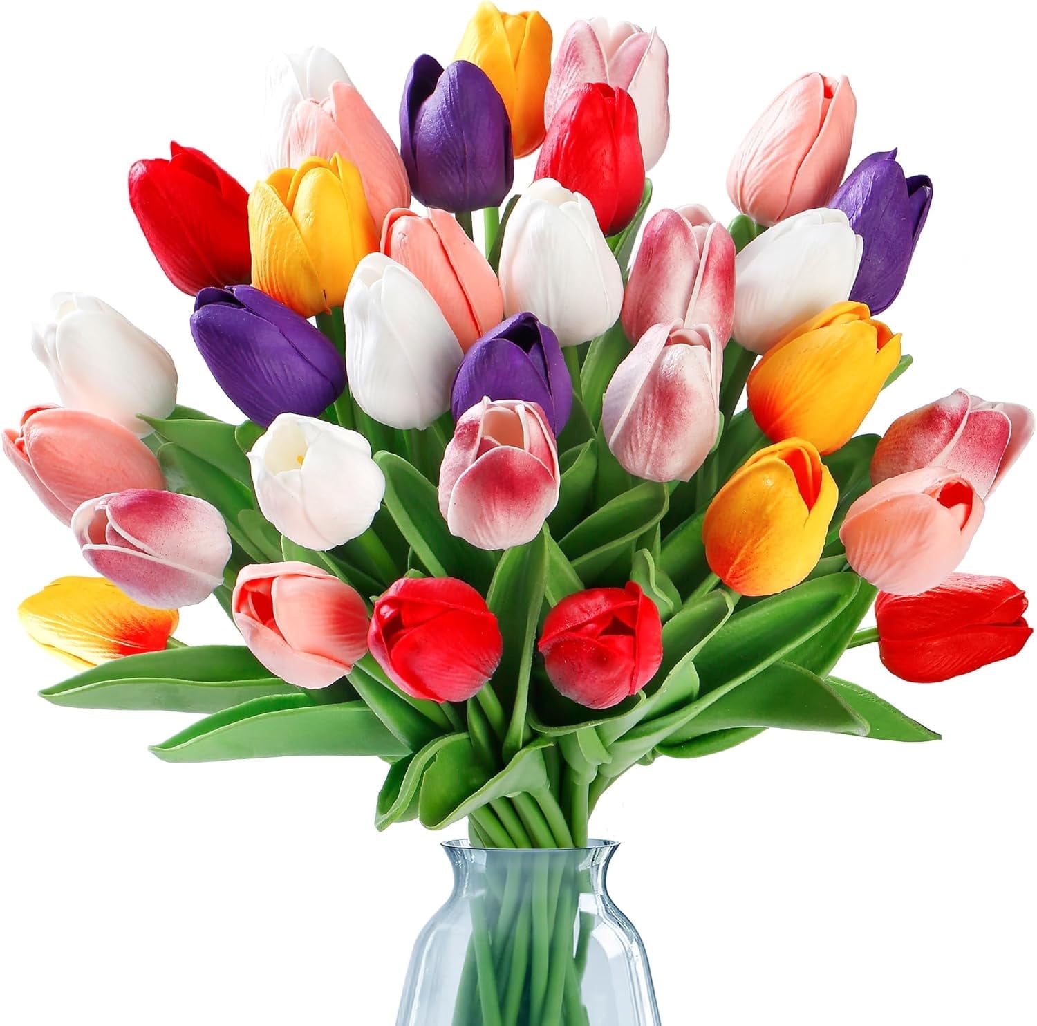 20PCS Multicolor Tulips Artificial Flowers Faux Tulip Stems Real Feel PU Tulips for Easter Spring Wreath Wedding Bouquet Centerpiece Floral Arrangement Cemetery Table Decorate 13" Tall