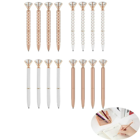 Tutuviw 16 Pack Rose Gold Big Crystal Diamond Pens, Metal Ballpoint Pens, Bulk Rhinestones Bling Gem Black Gel Ink Pens for Women Office Supplies Christmas Wedding Gifts (4 Color)