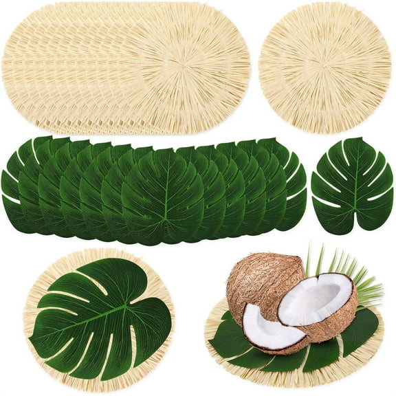Tutuviw 18 Pcs Round Luau Placemats and Palm Placemat,Round Luau Fringe Place Mats,Tropical Palm Leaf Place Mats Bulk,Hawaii Cups Coasters Round Bulrush Placemats,Tropical Party Supplies