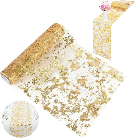 Tutuviw 1Pc 29ft Long Gold Table Runner, Glitter Metallic Thin Mesh Table Runner Roll, Event Party Supplies, Fabric Table Centerpiece Decorations for Baby Shower Christmas Birthday