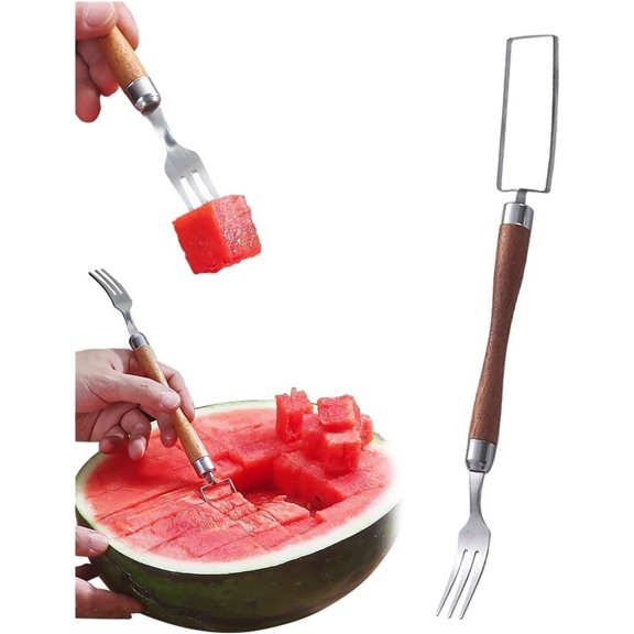 Tutuviw 2 in 1 Stainless Steel Fruit Cutter, Wood Portable Dual Head Watermelon Cutter Slicer Tool, Stainless Steel Watermelon Fork Slicer Cutter for Summer Family Party Camping (Large)