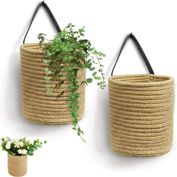 Tutuviw 2 Pack Jute Wall Hanging Rope Basket,Jute Woven Storage Organizer Flower Plants Basket With Leather Handle,Rustic Wall Decor for Porch Living Room Bedroom Entryway, 7" x 7.9"