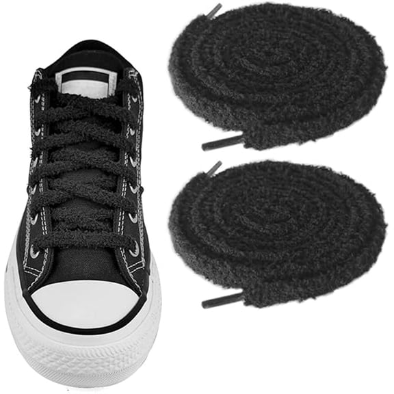 Tutuviw 2 Pairs Flat Fuzzy Shoe Laces for Sneakers 140cm Cute Wide Thick Fluffy Shoelace Strings for Hiking Sporting Running Women, Men(Black)