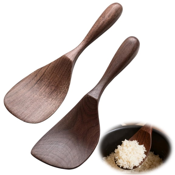 Tutuviw 2 Pcs Black Walnut Wooden Cooking Spoons Set Flat and Angled Rice Scooper Durable & Eco-Friendly Spatula Turner for Non Stick Pans, Wood Kitchen Utensils for Cook, Frying, Baking