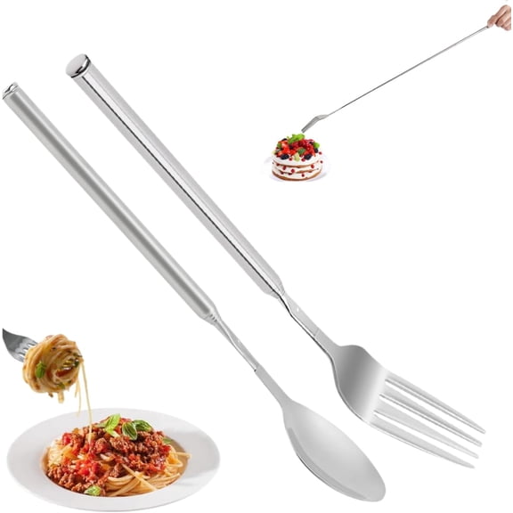Tutuviw 2 Pcs Extendable Fork & Spoon 8.5 to 25.2 Inch Adjustable Telescopic Dinner Fork Retractable Long Stainless Steel Extended Fork Spoon for Fruit Dessert BBQ Prank Joke