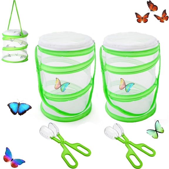 Tutuviw 2 Pcs Insect and Butterfly Habitat Cage Terrariums with 2 Pcs Bug Catcher, Pop-up Insect Mesh Cage,Caterpillar Enclosure,Monarch Habitat Terrarium,Butterfly Kit,Nature Exploration Toy(Green)