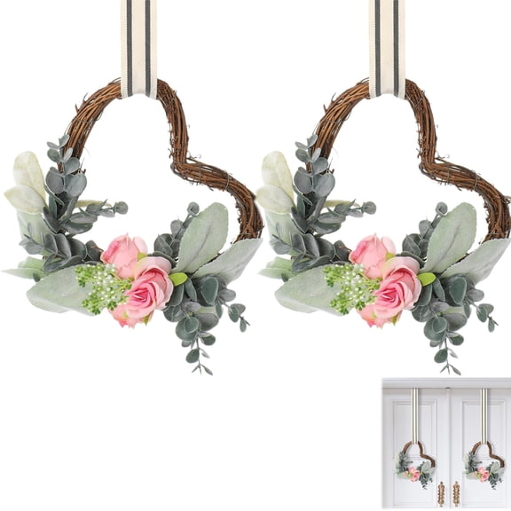 Tutuviw 2 Pcs Mini Heart Wreaths 6 Inch Grapevine Valentines Day Wreath with Rose and Eucalyptus for Front Door, Rustic Cabinet Heart Decor for Christmas Farmhouse Spring Indoor Outdoor