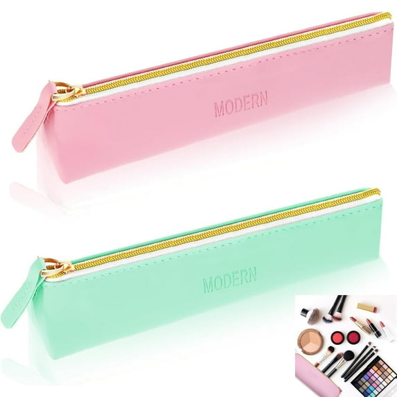 Tutuviw 2 Pieces Leather Pen Pencil Case, Small Pen Bag Aesthetic Stationery Bag, Portable Office Zipper Pouch, Organizer Bag for Pencils Markers Cosmetic (Green and Pink)