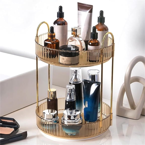 Tutuviw 2 Tier Rotating Makeup Organizer for Vanity, Rotating Cosmetics Storage for Bathroom Countertop, Skincare Holder Rack for Facial Cream, Perfume, Lotion, Lipstick (Champagne)