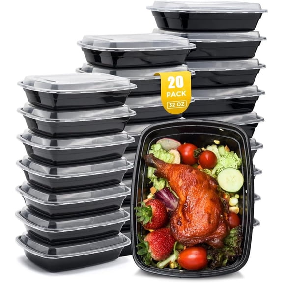 Tutuviw 20-Pack Disposable Meal Prep Containers with Lids 32 Oz Reusable Plastic Thick Food Storage Containers for Food Storage Take Home Lunch Microwave Safe(Black)