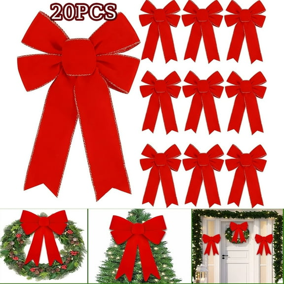 Tutuviw 20 Pack Velvet Red Bows Christmas Decorations, Bow with Glitter Gold Edge for Xmas Tree Holiday Party Supplies Home Indoor Outdoors Gift Wrapping Decorations, 9 x13in