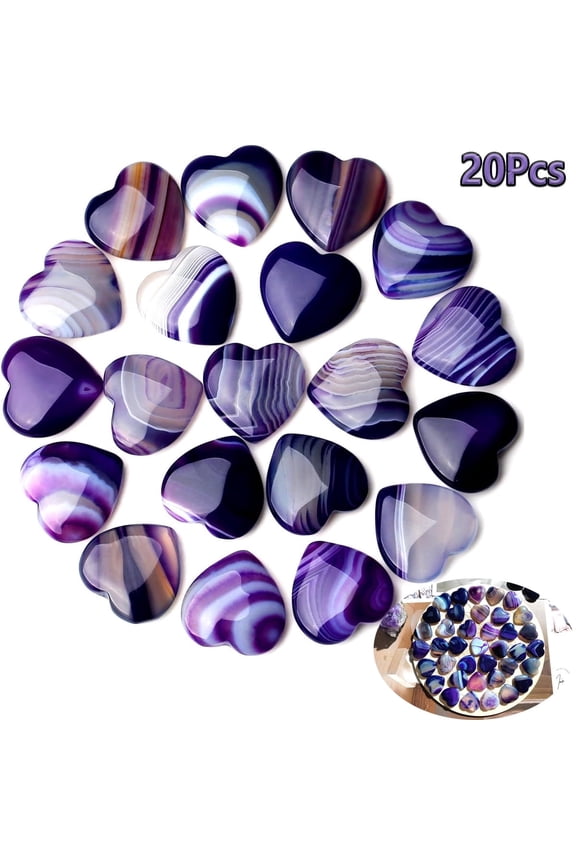 20 Pcs 0.8 in Amethyst Quartz Crystals,Heart Natural Polished Crystal,Mini Healing Stone,Worry Stone Bulk,Love Carved Palm Thumb Gemstone for Reiki Energy Balancing Meditation