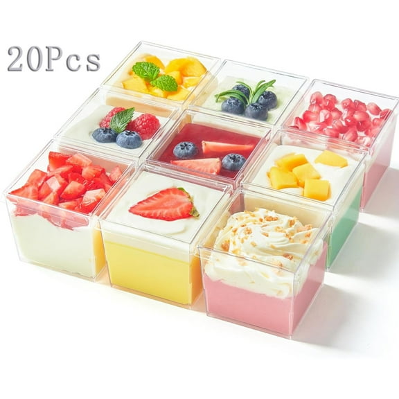 Tutuviw 20 Pcs 5 oz Mini Square Dessert Cups with Lids Clear Plastic Dessert Cups Small Shooter Cups Small Serving Bowl Disposable Appetizer Cup for Mousse Ice Cream Fruit,Wedding Party Tasting