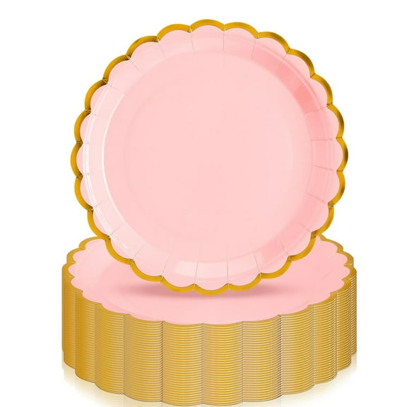 Tutuviw 20 Pcs 9 in Pink Scalloped Paper Plates with Gold Foil, Disposable Paper Party Plates, Decorative Paper Plates for Cake Dessert Birthday Baby Shower Wedding Party Supplies