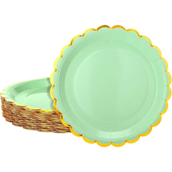 Tutuviw 20 Pcs Pastel Scalloped Edge Disposable Paper Plates 9 Inch, Party Paper Plates, Pastel Paper Plates with Gold Foil Edge for Dessert Cake Baby Shower Birthday Party (Mint Green)