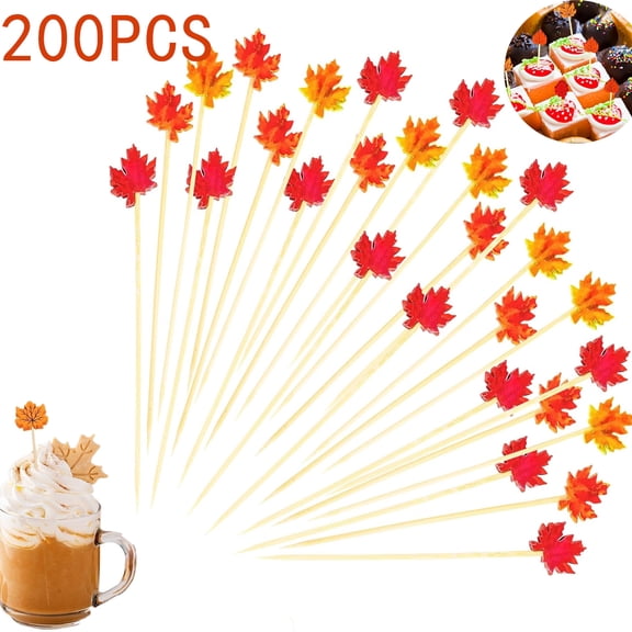 Tutuviw 200 Pcs 4.7in Fall Wooden Cocktail Picks,Appetizer Fruits Bamboo Toothpicks Festive Toothpicks Decorative Cocktail Sticks with Autumn Maple Leaf for Sandwiches Fruits Dessert Party Supplies