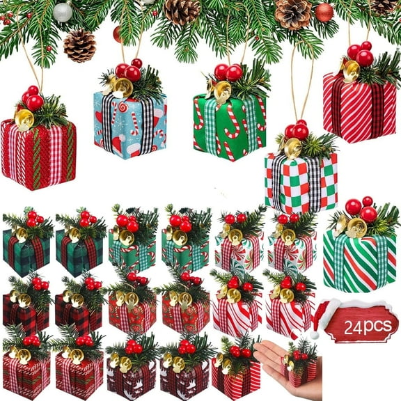 Tutuviw 24 Pcs Christmas Tree Decorations Mini Presents for DIY CraftsMiniature Box Ornaments Hanging Tiny Wrapped Presents for Xmas Party Garden Gift Decor (2.4in, Multicolor)