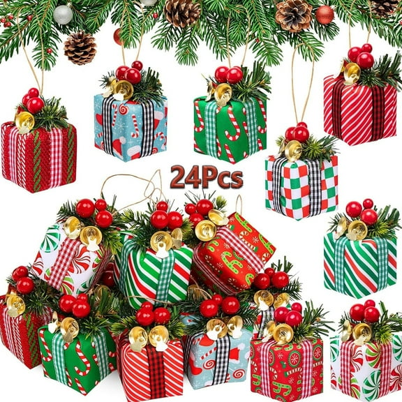 Tutuviw 24 Pcs Christmas Tree Mini Gift Boxes, Christmas Ornaments Present Decoration, Pendant Decoration with Bells for Indoor Outdoor Party Holiday Garden Accessories Decor