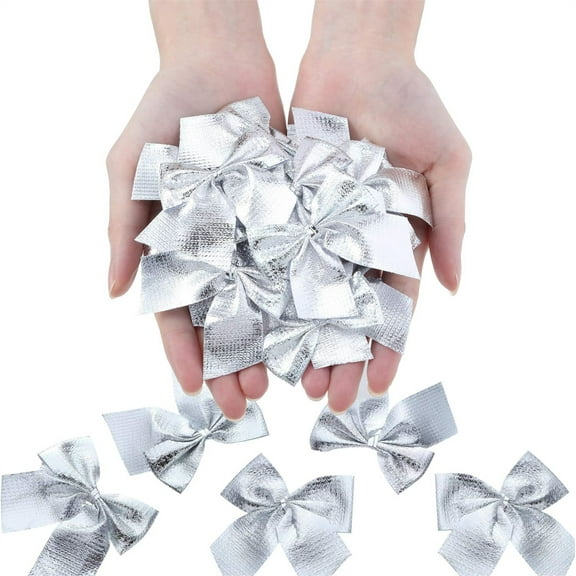 Tutuviw 24 Pcs Silver Bows Christmas Tree Bows Decorations 2 Inch Mini Ribbon Bows Christmas Tree Decorations for Christmas Gift Wrap Supplies Decor, Hanger Garlands Decor Bows