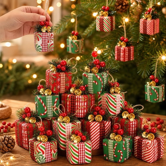 Tutuviw 24Pcs 2.4in Multicolor Christmas Kit Miniature Boxes, Xmas Tree DIY Craft Tiny Present Boxes Christmas Hanging Ornament with Bells, Christmas Berries for Indoor Outdoor Decor