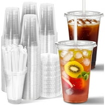 Tutuviw 25 Pcs 14 Oz Plastic Cups With Flat Lids and Straws,Disposable Cups for Iced Coffee,Smoothie Cups with Leakproof Paper,Clear Crystal Disposable Milkshake Cups,Coffee Essentials
