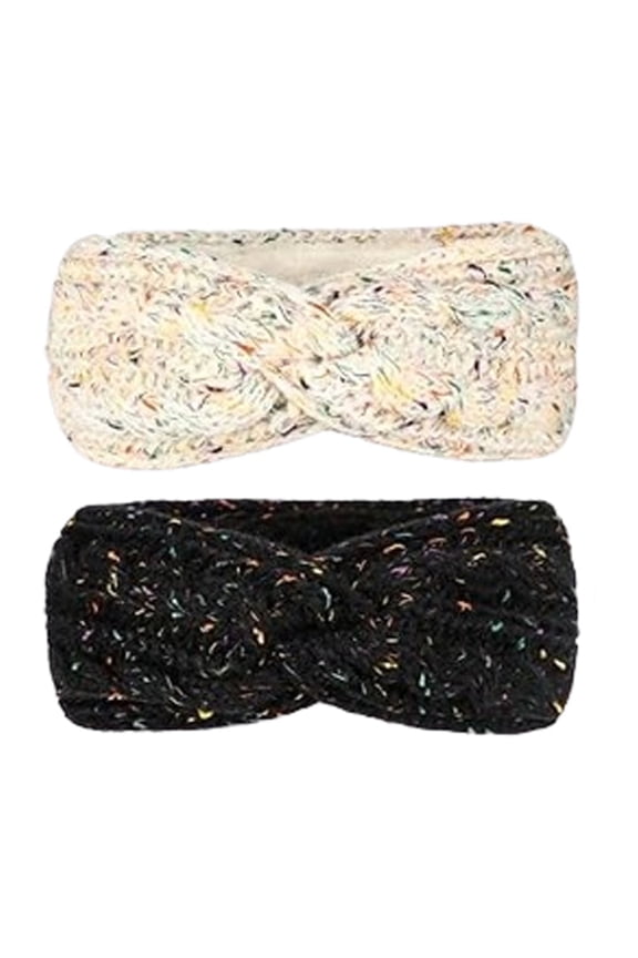 2Pcs Ear Warmers Headband Winter Knitted Headband for Women Girls Soft Twisted Elastic Turban Head Wraps with Bow Knot for Winter Women Cold Weath Crochet Ear Protector(White+Black)