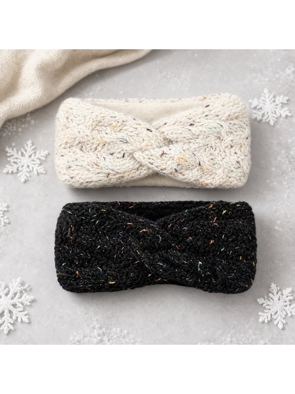 2Pcs Ear Warmers Headband Winter Knitted Headband for Women Girls Soft Twisted Elastic Turban Head Wraps with Bow Knot for Winter Women Cold Weath Crochet Ear Protector(White+Black)