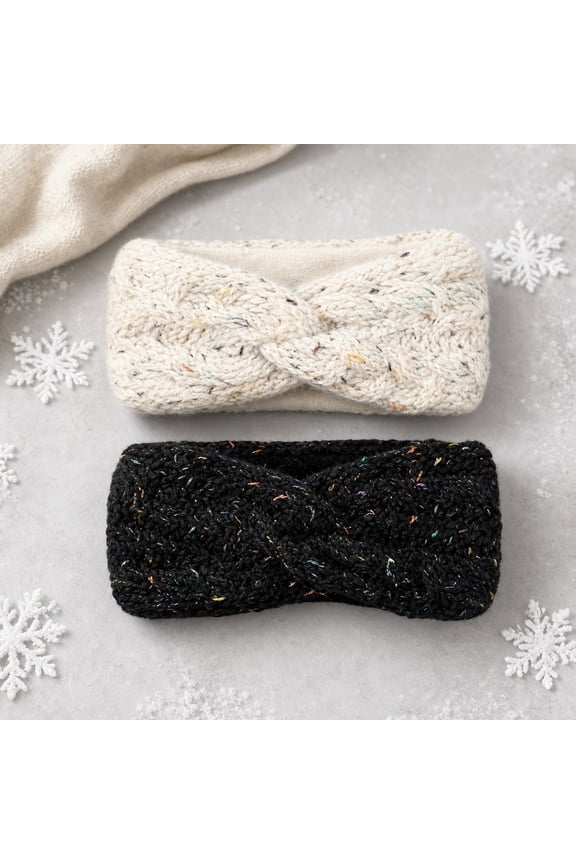 2Pcs Ear Warmers Headband Winter Knitted Headband for Women Girls Soft Twisted Elastic Turban Head Wraps with Bow Knot for Winter Women Cold Weath Crochet Ear Protector(White+Black)